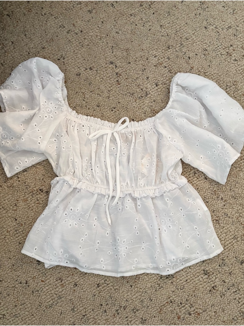 White Eyelet Puff-Sleeve Tie-Front Blouse